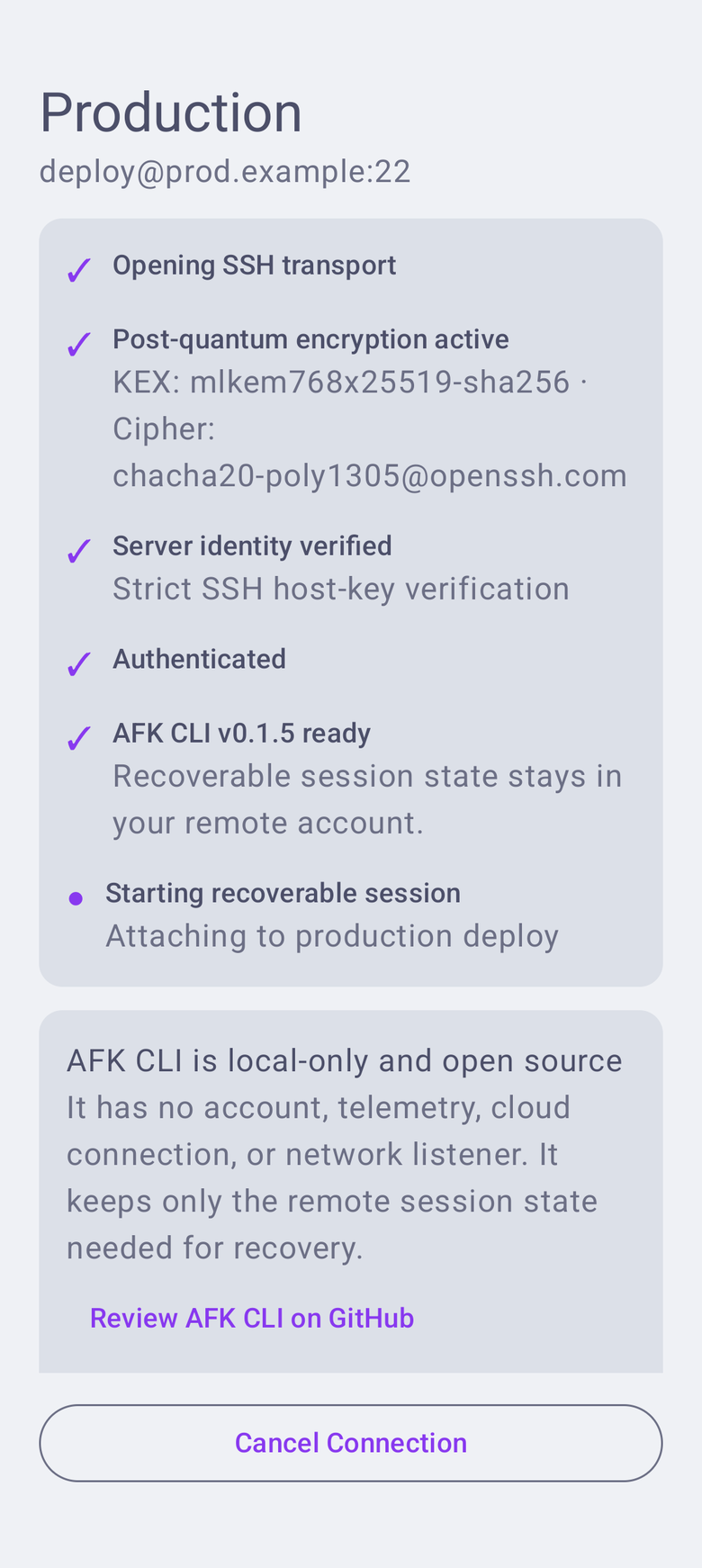 AFK for Android connection activity confirming post-quantum SSH encryption