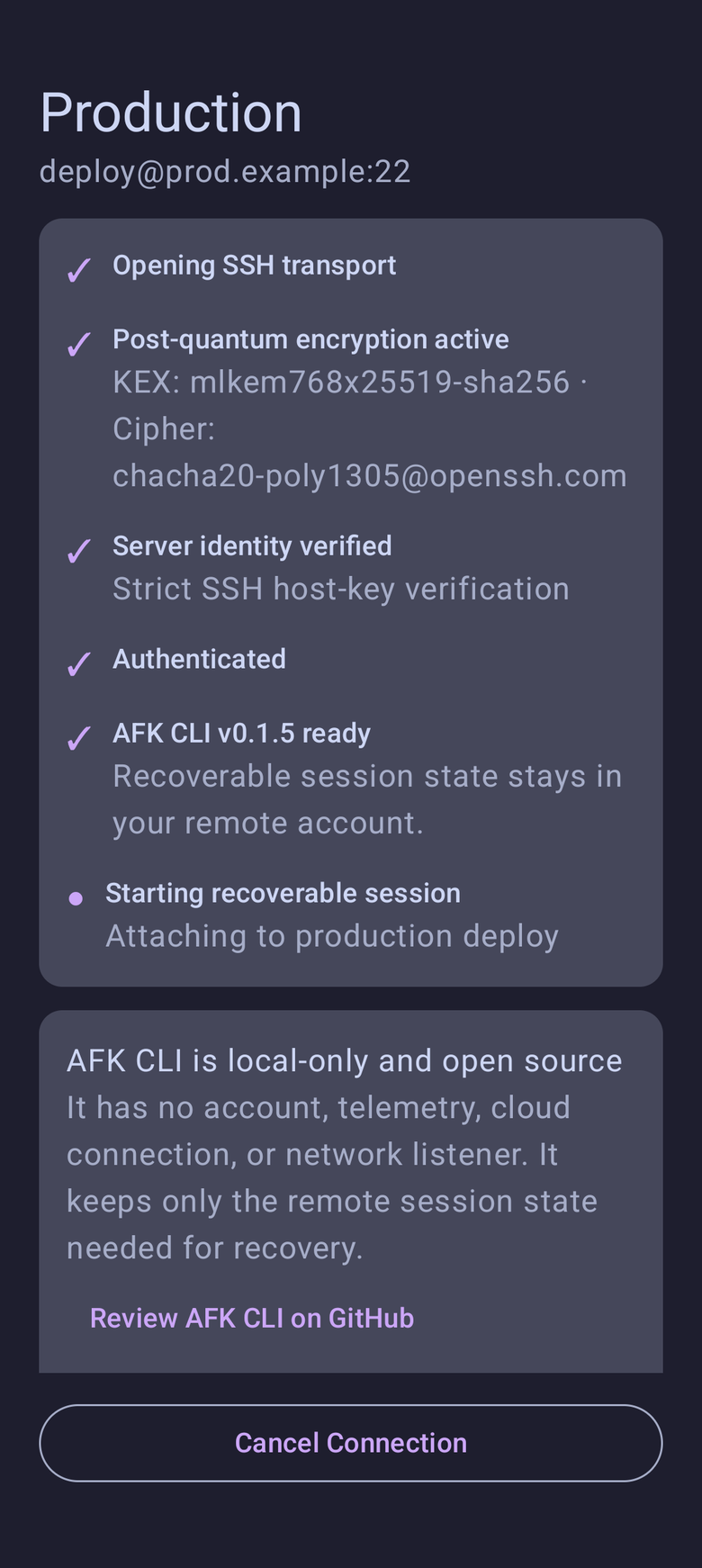 AFK for Android connection activity confirming post-quantum SSH encryption