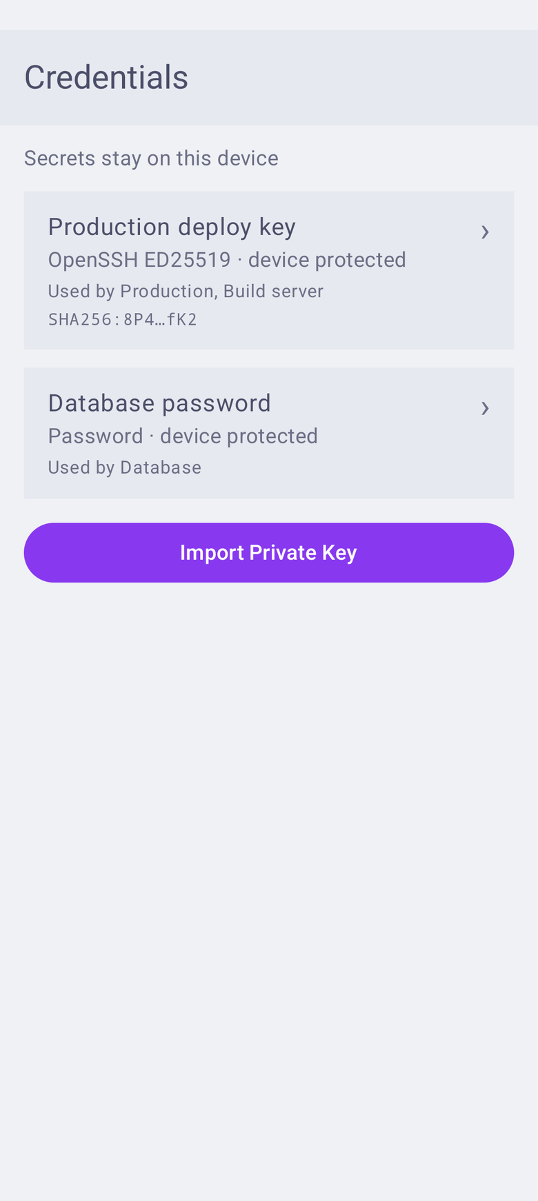 AFK for Android showing locally stored credential metadata