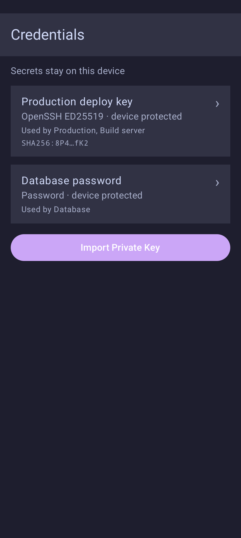 AFK for Android showing locally stored credential metadata
