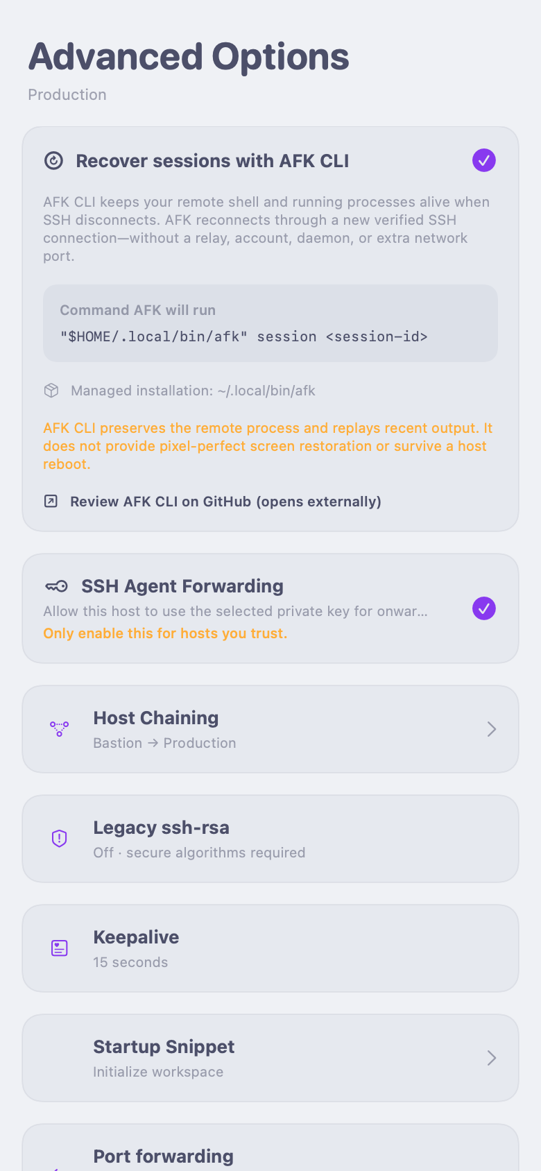 AFK Advanced Host screen with SSH Agent Forwarding enabled