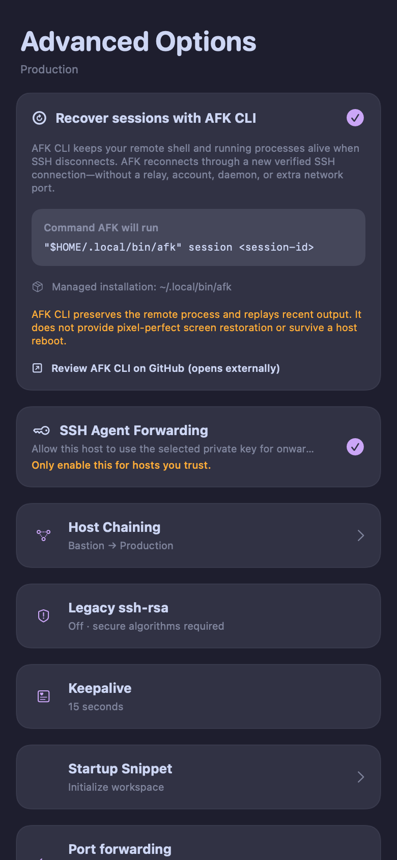 AFK Advanced Host screen with SSH Agent Forwarding enabled