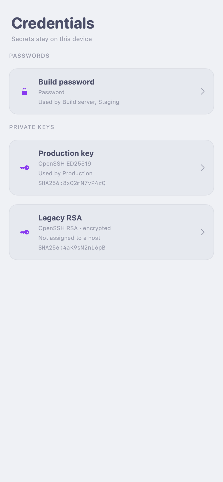 AFK for iOS showing locally stored credential metadata