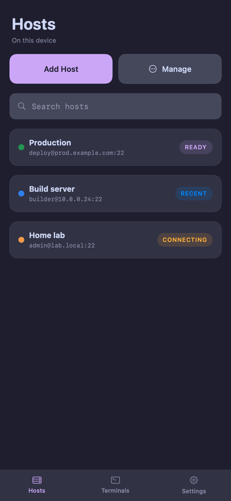 AFK Hosts screen on iOS