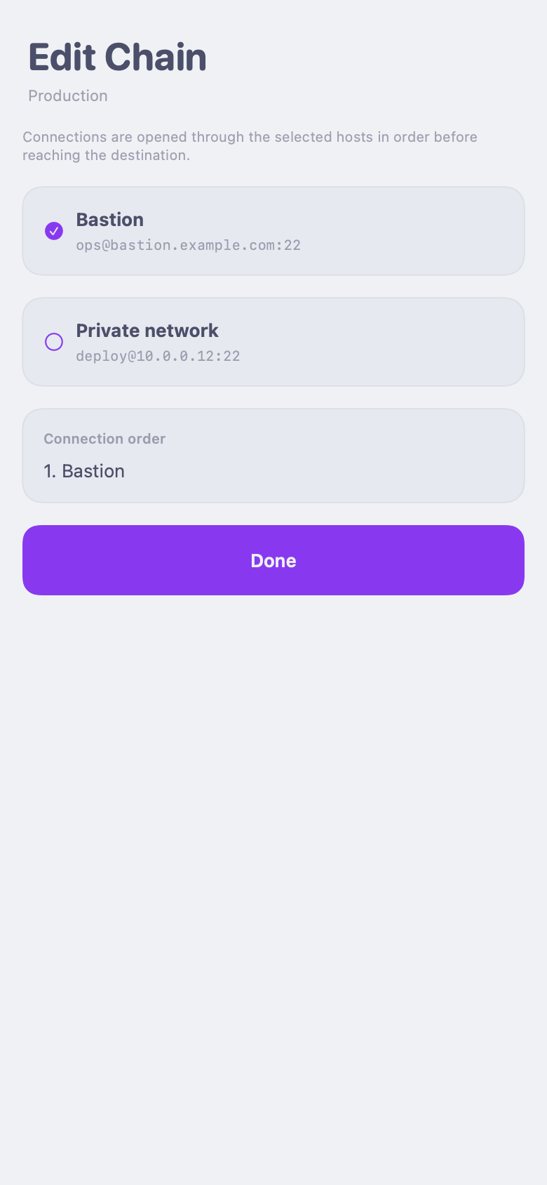 AFK Host Chaining screen with a sanitized jump host selected