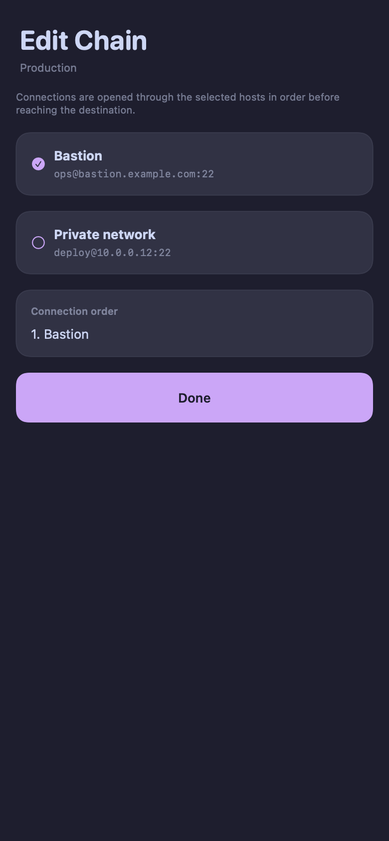 AFK Host Chaining screen with a sanitized jump host selected