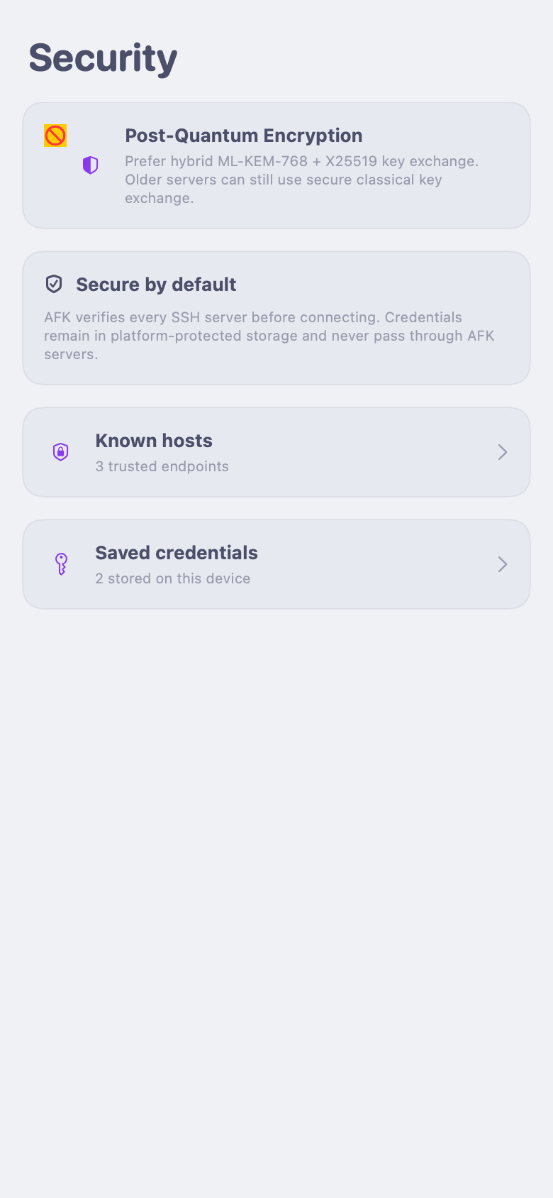 AFK for iOS connection activity confirming post-quantum SSH encryption