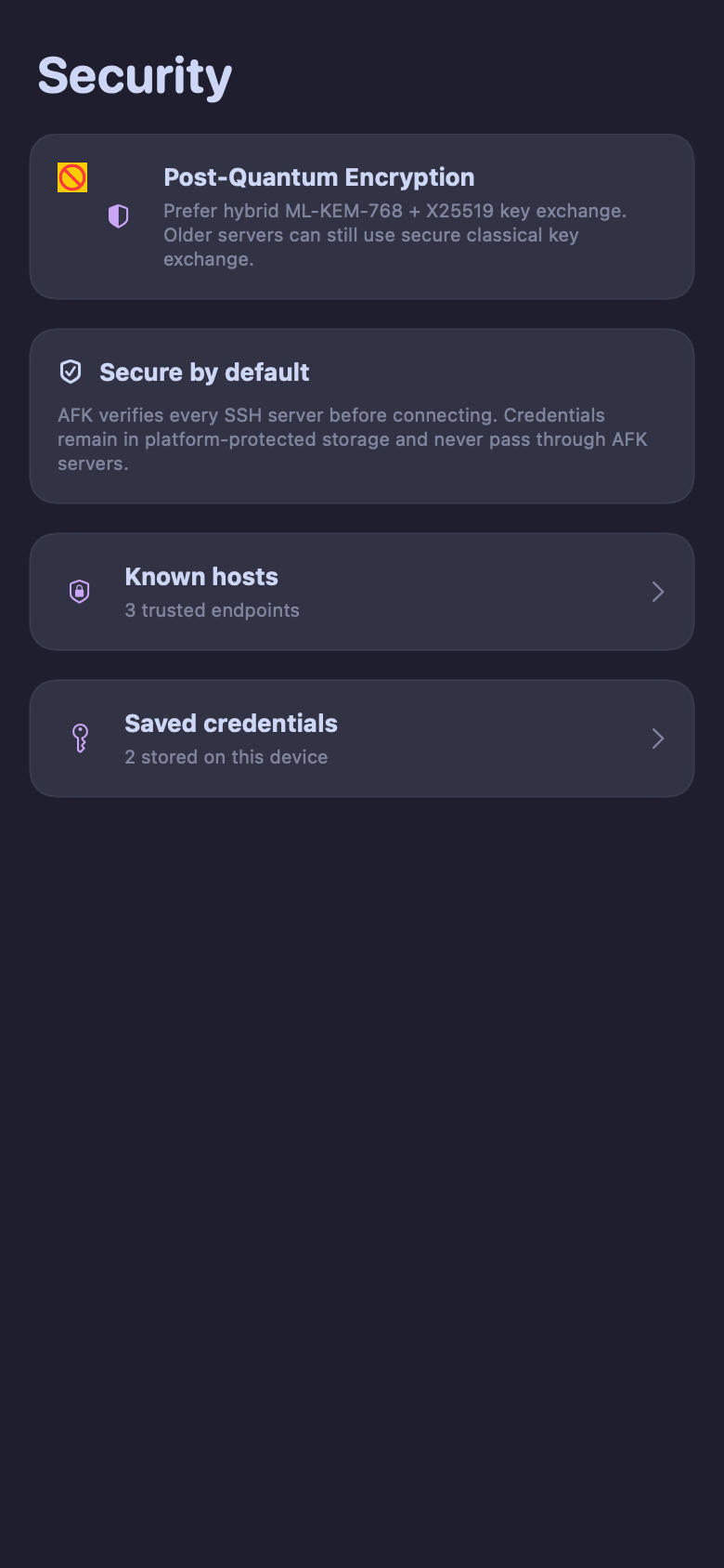 AFK for iOS connection activity confirming post-quantum SSH encryption