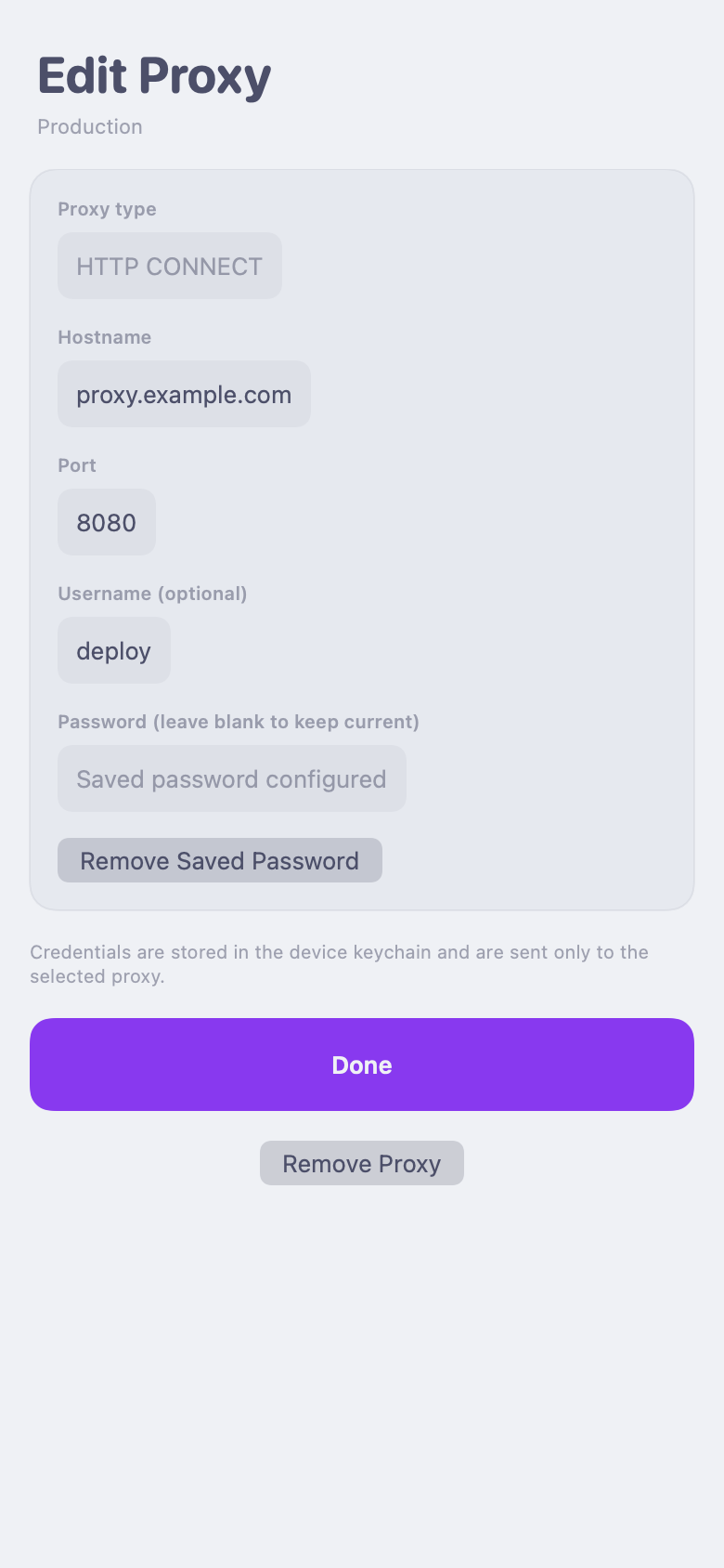 AFK HTTP CONNECT proxy configuration with sensitive connection details removed