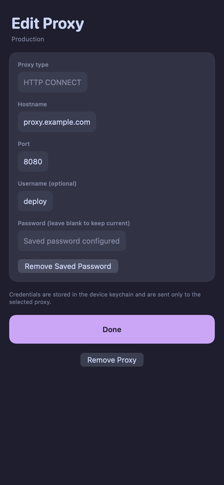 AFK HTTP CONNECT proxy configuration with sensitive connection details removed